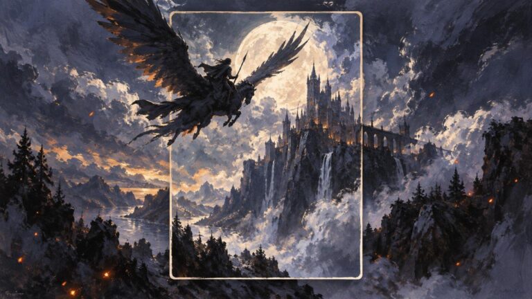 Painterly fantasy landscape showing a winged rider flying toward a moonlit castle on cliffs, with the scene extending beyond a tall central card-like frame.