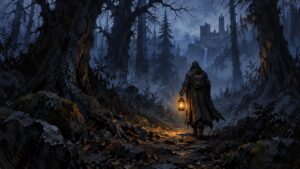 A hooded traveler carrying a glowing orange lantern walks through a shadowy blue forest toward a distant, ruined castle.