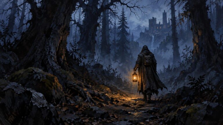 A hooded traveler carrying a glowing orange lantern walks through a shadowy blue forest toward a distant, ruined castle.