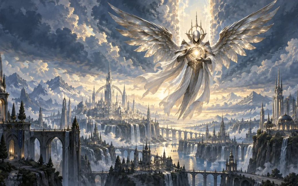 A silver armored angel with broad metallic wings floats above a luminous cliffside city of spires, bridges, waterfalls, and distant mountains beneath dramatic clouds.