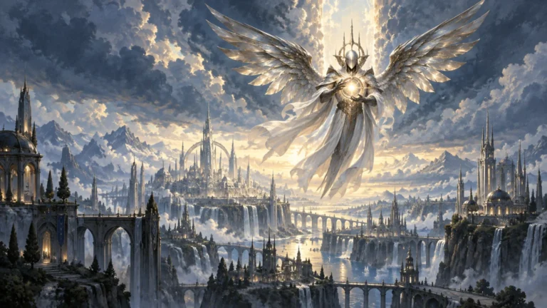 A silver armored angel with broad metallic wings floats above a luminous cliffside city of spires, bridges, waterfalls, and distant mountains beneath dramatic clouds.