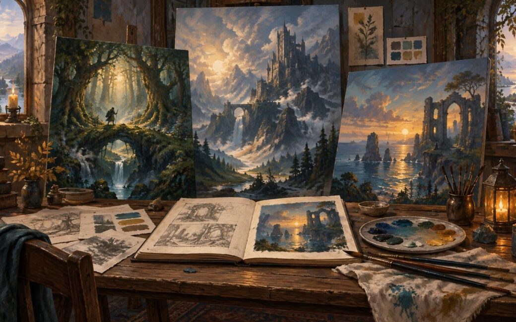 Warmly lit fantasy artist’s studio with three large landscape paintings of a glowing forest, mountain castle, and coastal ruins, surrounded by sketch pages, paintbrushes, a palette, books, and lanterns.