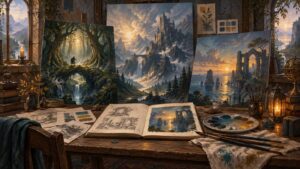Warmly lit fantasy artist’s studio with three large landscape paintings of a glowing forest, mountain castle, and coastal ruins, surrounded by sketch pages, paintbrushes, a palette, books, and lanterns.