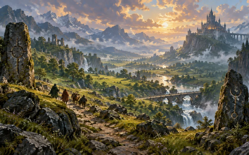 Painterly fantasy valley at sunset, with cloaked travelers on a rocky path, rune-marked standing stones, waterfalls, a river and bridge, distant mountains, and a towering castle on a cliff.