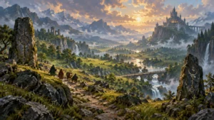 Painterly fantasy valley at sunset, with cloaked travelers on a rocky path, rune-marked standing stones, waterfalls, a river and bridge, distant mountains, and a towering castle on a cliff.