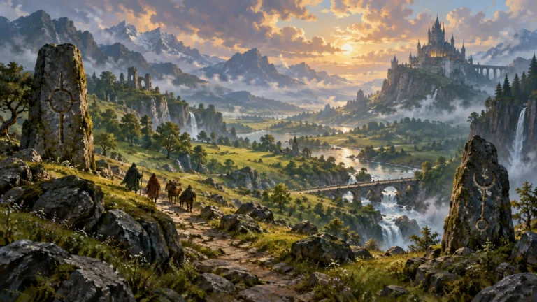 Painterly fantasy valley at sunset, with cloaked travelers on a rocky path, rune-marked standing stones, waterfalls, a river and bridge, distant mountains, and a towering castle on a cliff.