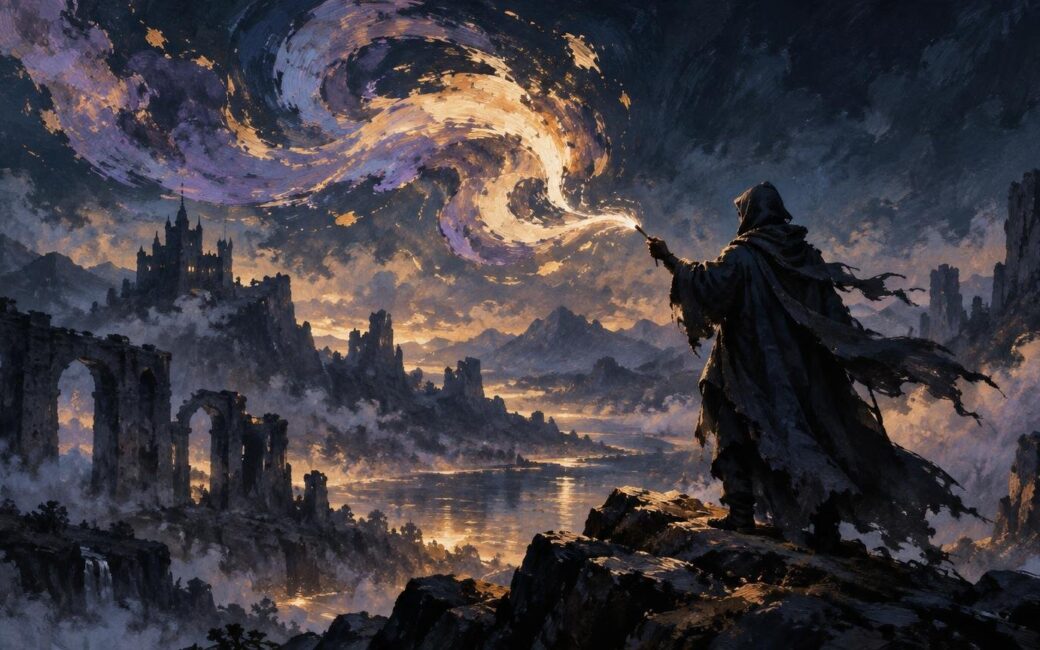 Painterly fantasy scene of a hooded figure on a rocky cliff casting a bright swirling spell over ruined arches, distant mountains, a castle, and a reflective valley at dusk.