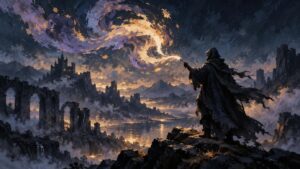 Painterly fantasy scene of a hooded figure on a rocky cliff casting a bright swirling spell over ruined arches, distant mountains, a castle, and a reflective valley at dusk.