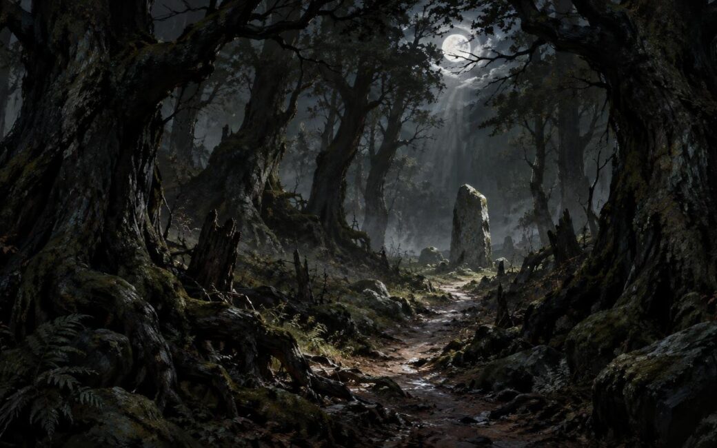 Moonlit dark forest with gnarled trees framing a rocky path and a standing stone in misty woodland.