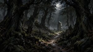 Moonlit dark forest with gnarled trees framing a rocky path and a standing stone in misty woodland.