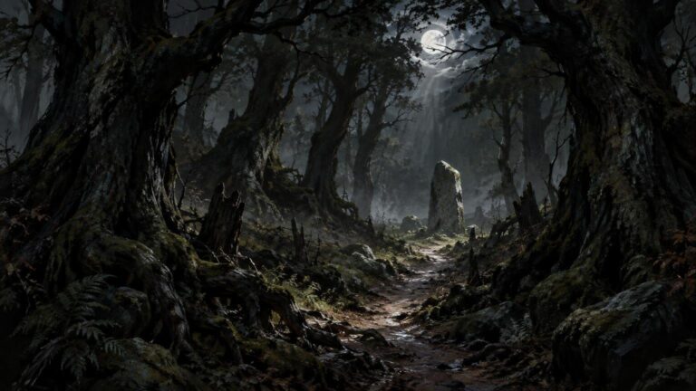 Moonlit dark forest with gnarled trees framing a rocky path and a standing stone in misty woodland.