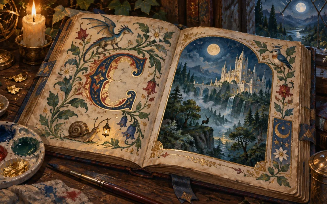 Painterly fantasy still life of an open illuminated manuscript on a wooden desk, with a large gilded letter C, floral borders, a small dragon, snail, and lantern on one page, and a moonlit castle valley on the other. Paint palettes, brushes, gold leaf, a candle, and an armillary sphere surround the book.