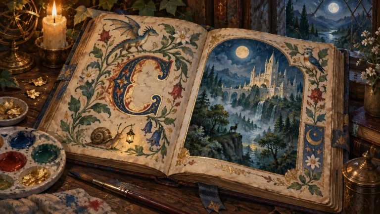 Painterly fantasy still life of an open illuminated manuscript on a wooden desk, with a large gilded letter C, floral borders, a small dragon, snail, and lantern on one page, and a moonlit castle valley on the other. Paint palettes, brushes, gold leaf, a candle, and an armillary sphere surround the book.