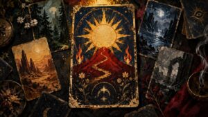 Painterly overhead still life of worn fantasy-style cards arranged around a central card showing a red mountain beneath a large golden sun, with moonlit landscapes, flowers, and drifting smoke around it.
