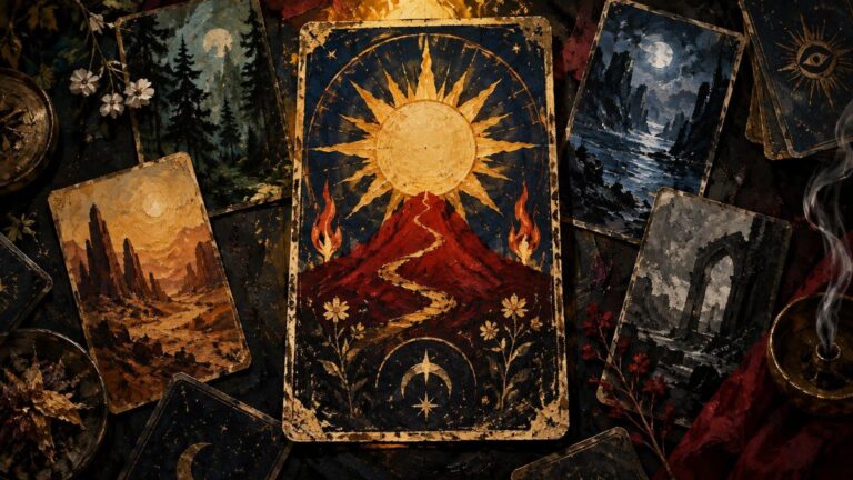 Painterly overhead still life of worn fantasy-style cards arranged around a central card showing a red mountain beneath a large golden sun, with moonlit landscapes, flowers, and drifting smoke around it.