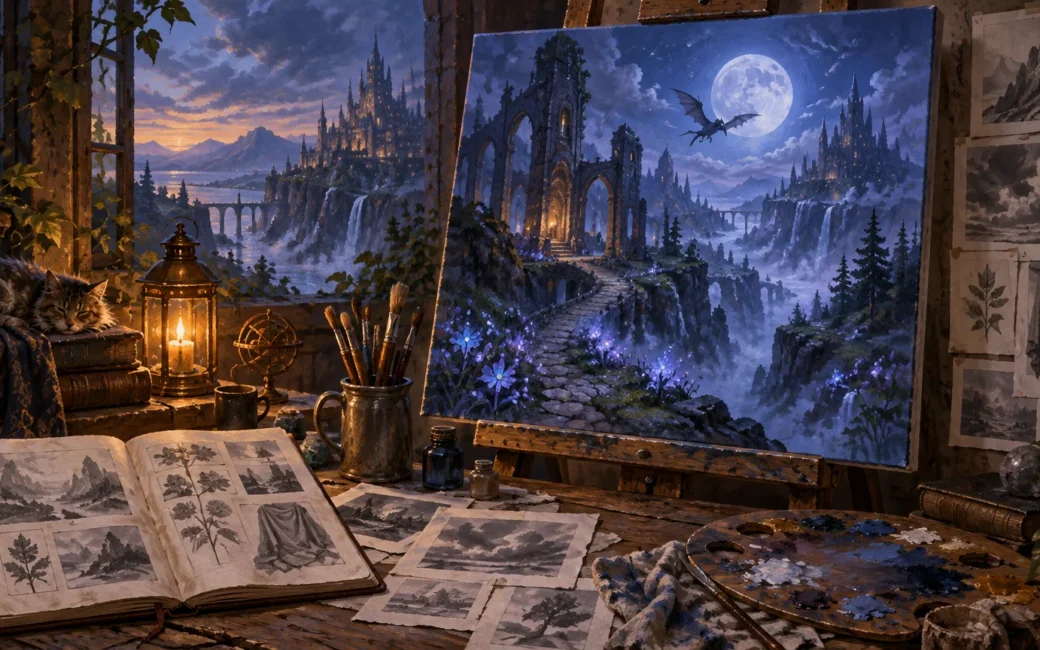 A warmly lit artist’s studio with an open sketchbook, loose landscape studies, paintbrushes, palette, lantern, and sleeping cat beside a large easel painting of moonlit fantasy ruins, waterfalls, a distant castle, and a flying dragon.