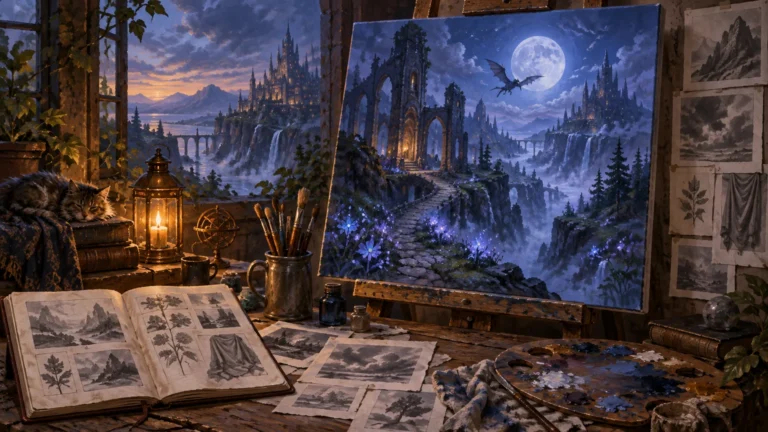 A warmly lit artist’s studio with an open sketchbook, loose landscape studies, paintbrushes, palette, lantern, and sleeping cat beside a large easel painting of moonlit fantasy ruins, waterfalls, a distant castle, and a flying dragon.