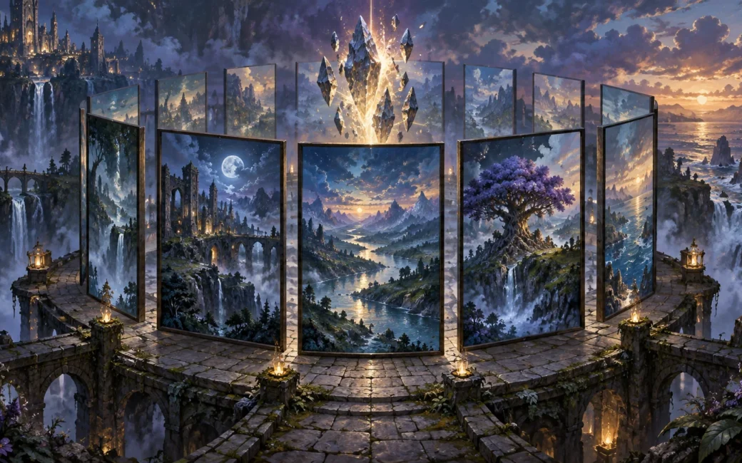 Fantasy illustration of a ruined stone terrace above waterfalls, with several upright framed landscape panels arranged in a loose circle around floating glowing crystals; distant castles, mountains, a purple tree, and a sunset coast appear across the panels and surrounding vista.