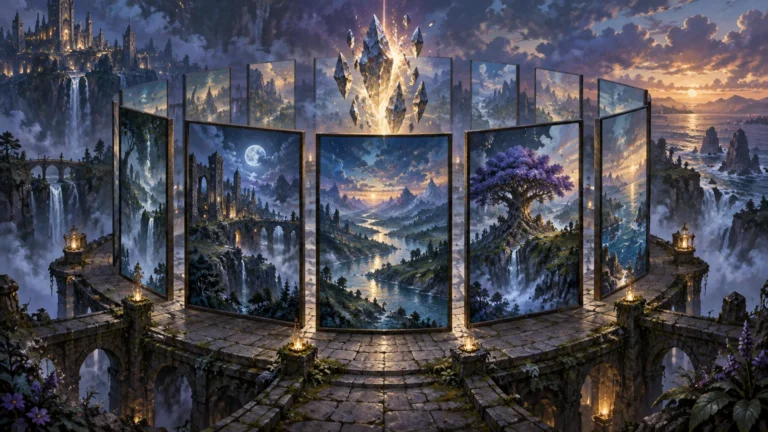 Fantasy illustration of a ruined stone terrace above waterfalls, with several upright framed landscape panels arranged in a loose circle around floating glowing crystals; distant castles, mountains, a purple tree, and a sunset coast appear across the panels and surrounding vista.