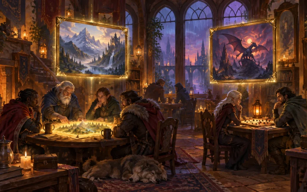Warm, candlelit fantasy tavern where adventurers gather around two strategy-game tables beneath glowing gold-framed paintings of a mountain kingdom and a dragon over a dark castle.