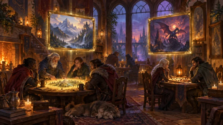 Warm, candlelit fantasy tavern where adventurers gather around two strategy-game tables beneath glowing gold-framed paintings of a mountain kingdom and a dragon over a dark castle.