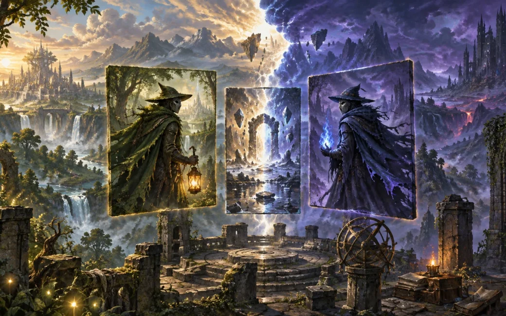 Painterly fantasy scene of a ruined stone observatory beneath a sky split between warm daylight and stormy violet darkness, with three floating card-like panels: a lantern-bearing cloaked wizard in a green forest, a radiant fractured portal, and a blue-lit version of the wizard before a dark volcanic realm.