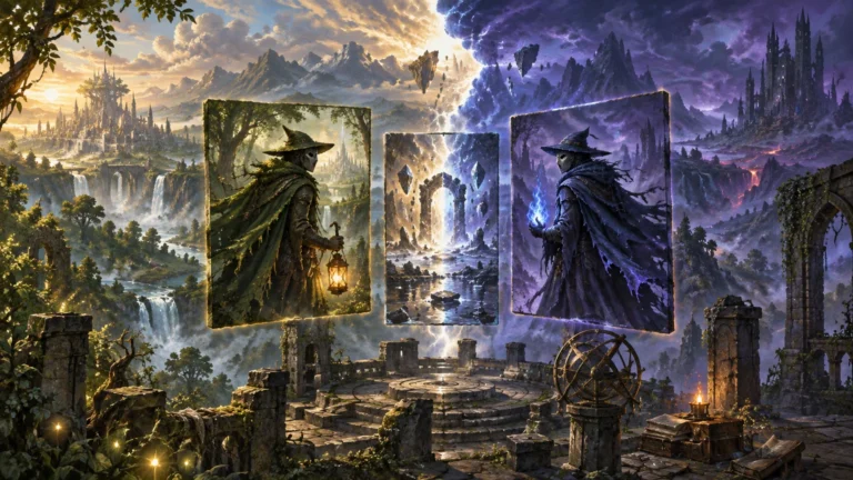 Painterly fantasy scene of a ruined stone observatory beneath a sky split between warm daylight and stormy violet darkness, with three floating card-like panels: a lantern-bearing cloaked wizard in a green forest, a radiant fractured portal, and a blue-lit version of the wizard before a dark volcanic realm.