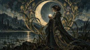 Fantasy-style painted scene of a woman in a flowing dark, floral-patterned gown holding a glowing orb beside a moonlit lake, framed by large curling gold botanical forms, irises, and a crescent moon; a distant dark castle stands at left.