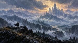 Wide fantasy landscape painting of a cloaked rider on a rocky cliff overlooking misty pine valleys, waterfalls, distant mountains, and a towering castle beneath a glowing, cloud-filled sky.