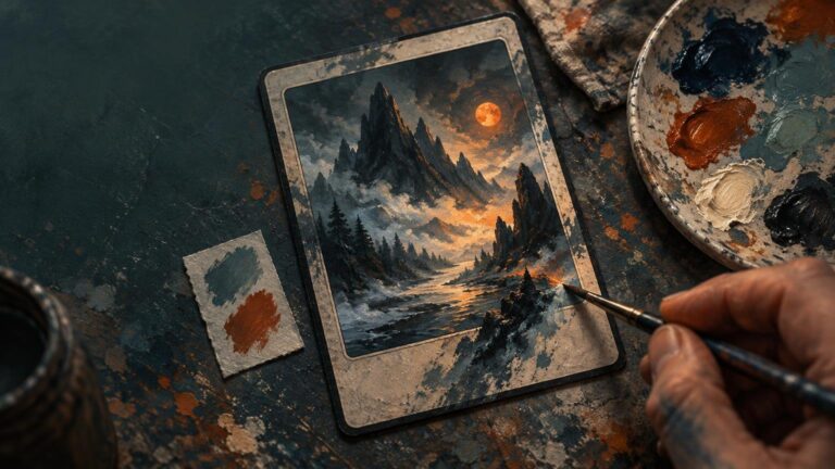 A hand uses a fine brush to paint a dramatic mountain landscape on a worn trading-card-like rectangle beside a paint palette and matching color swatches.