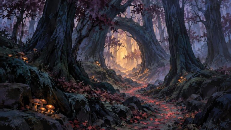 Hand-painted fantasy forest scene with towering blue-black tree trunks, violet foliage, glowing mushrooms, and a leaf-strewn path leading toward warm golden light.