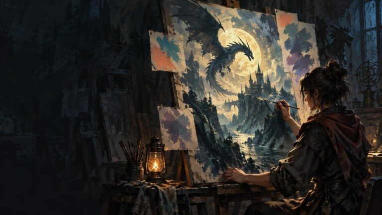 Artist painting a moonlit fantasy scene of a dragon flying above a castle and river, lit by a lantern in a dark studio.