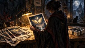 A painter examines a moonlit moth art print at a cluttered worktable covered with matching prints, beside a tied stack of paper in a dark studio.