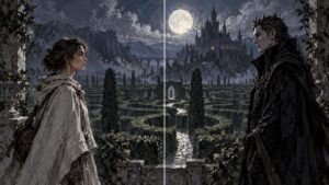 Painterly split-screen scene of a young woman in a pale cloak facing a dark-haired man in a black cloak across a moonlit hedge maze, with a tall gothic castle in the background.