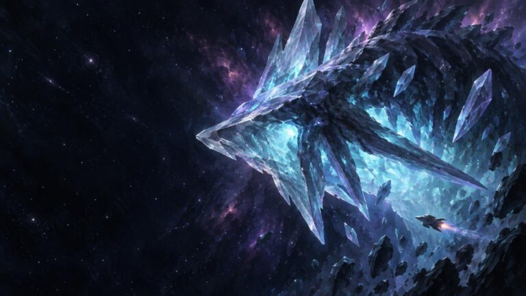 A small spacecraft flies beside a vast crystalline, manta-like creature in a dark starfield with glowing blue ice formations and purple nebulae.